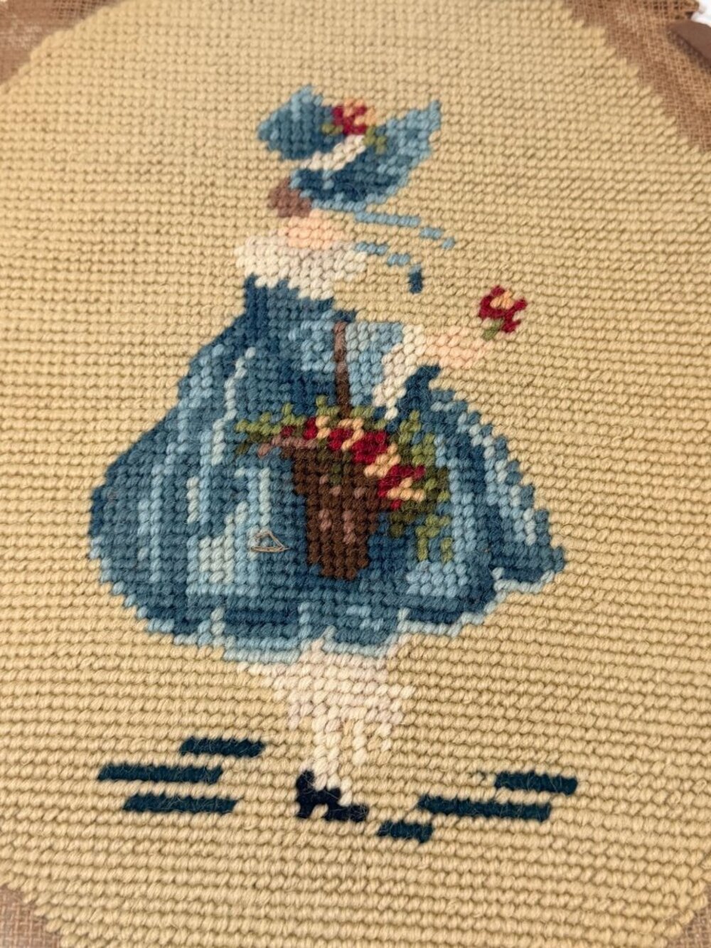Vintage 2 Needlepoint Oval Victorian Dressed Ladies Bonnets Basket Flowers 10x8" - Picture 4 of 6
